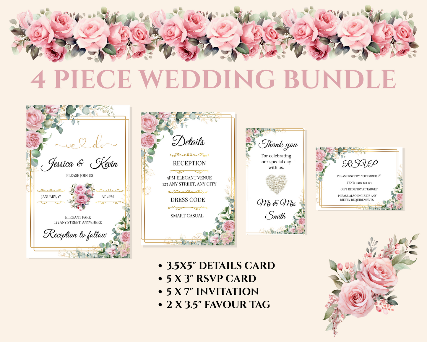 Editable Blush Floral & Gold 4 Piece Wedding Bundle