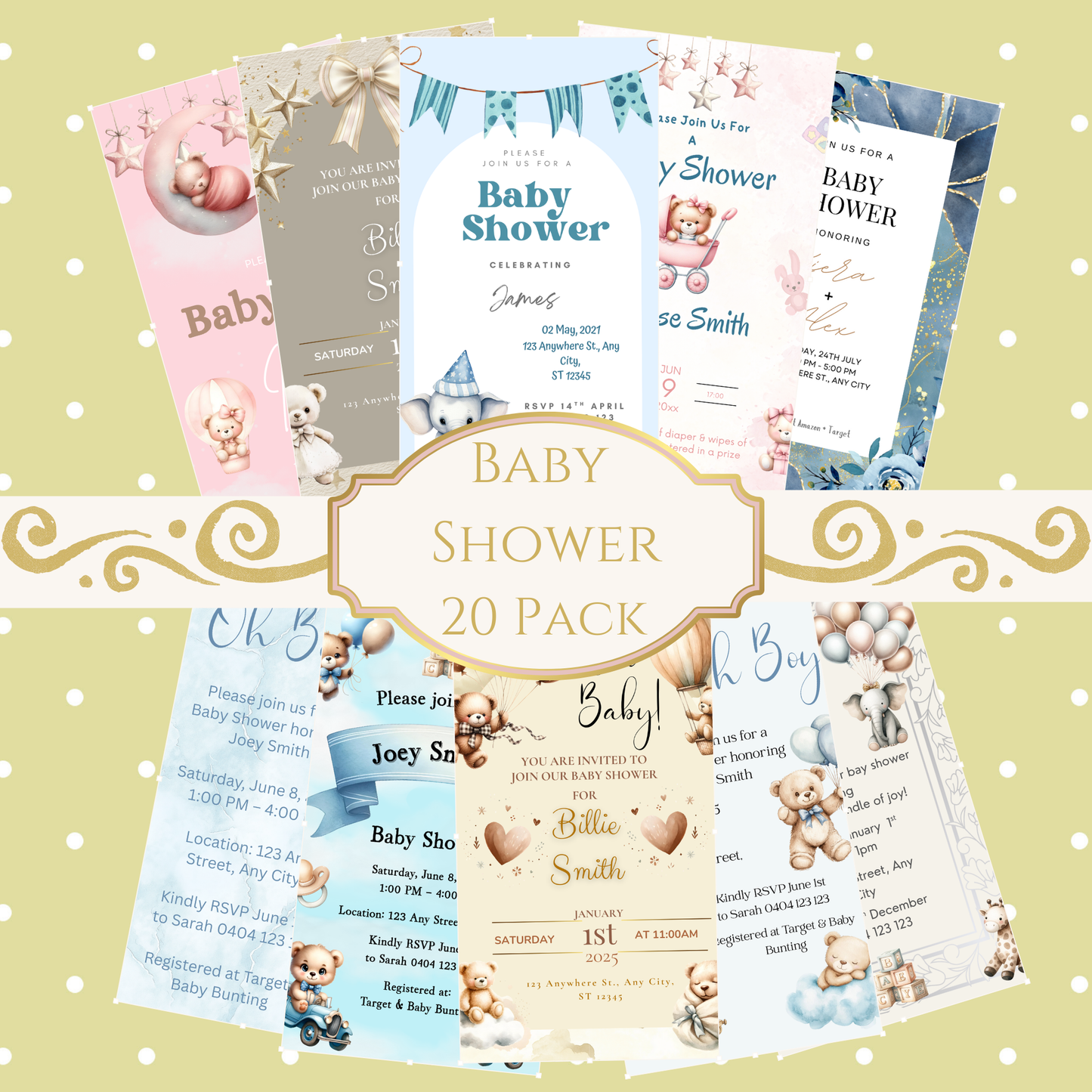 Editable 20 Pack of Baby Shower Invitations