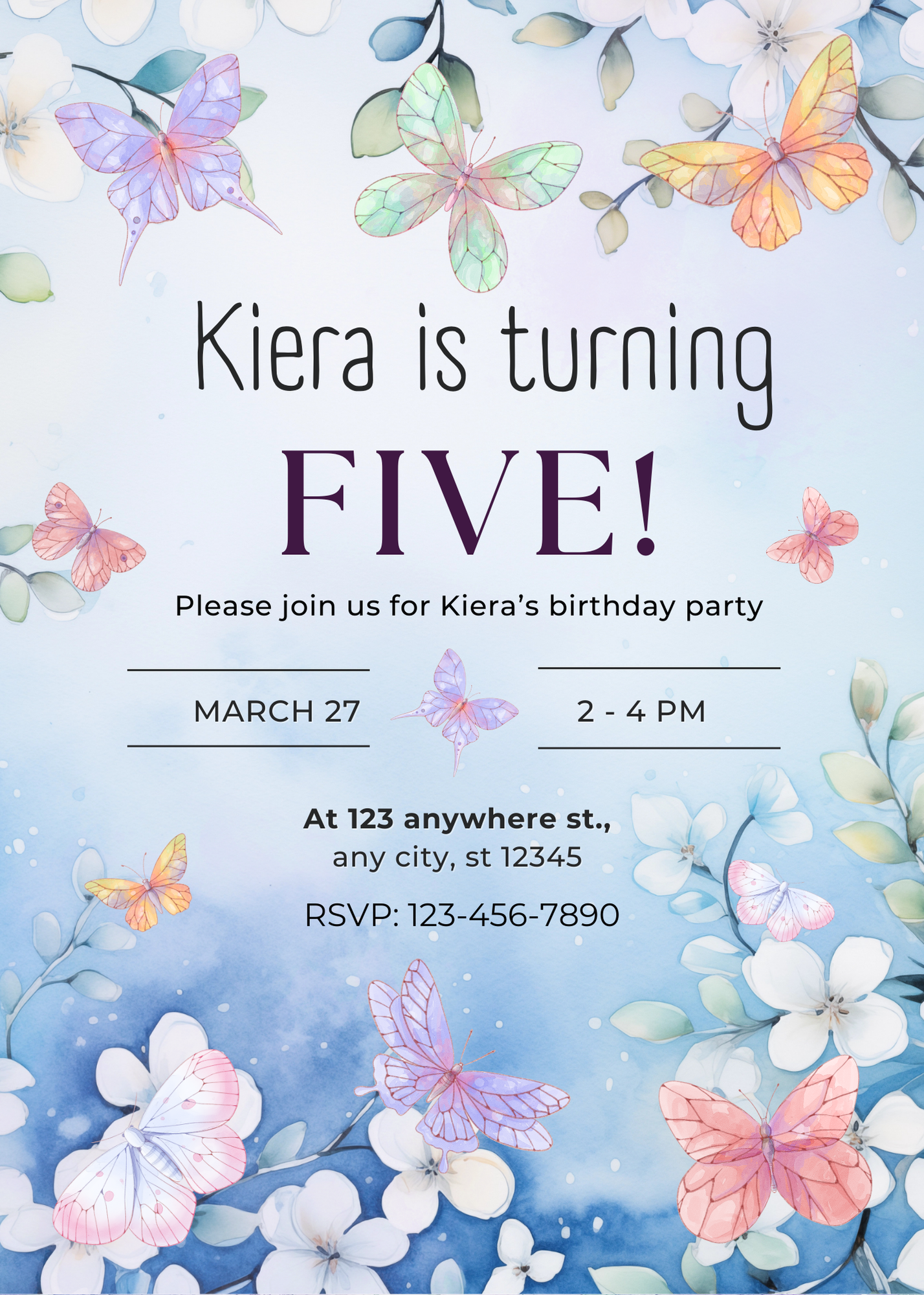 Editable Blue Butterfly Birthday Invitation