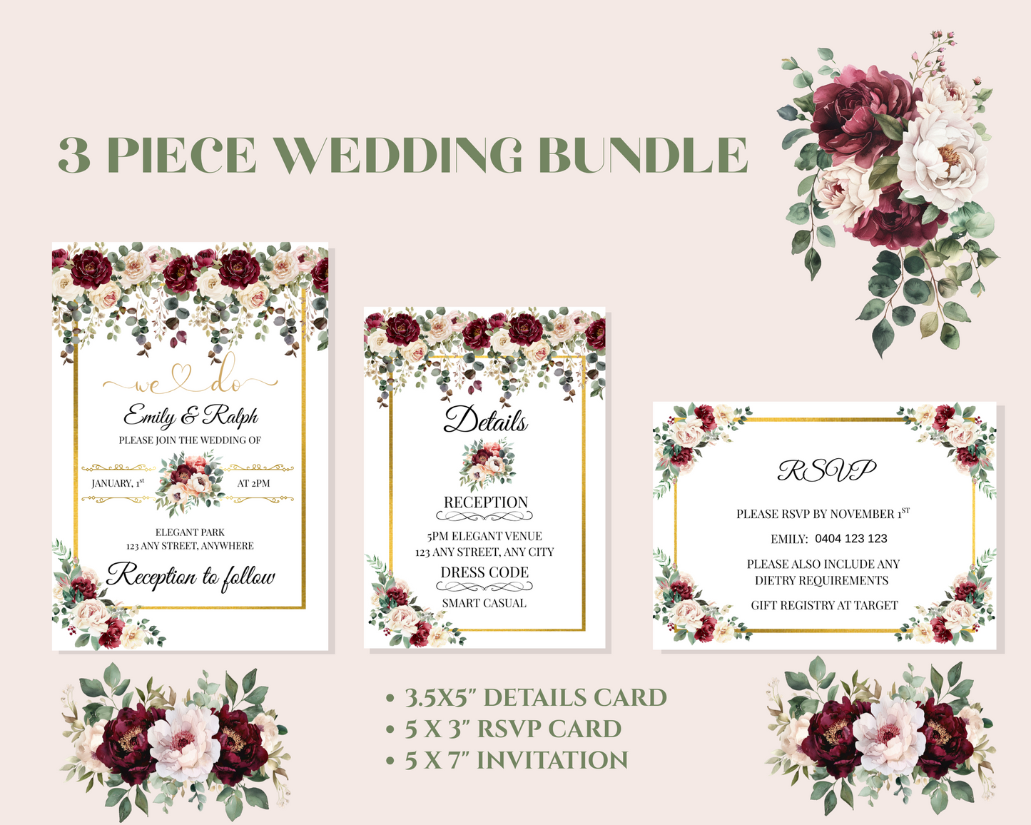 Editable Burgundy Rose Wedding Invitation, Details Card & RSVP Card