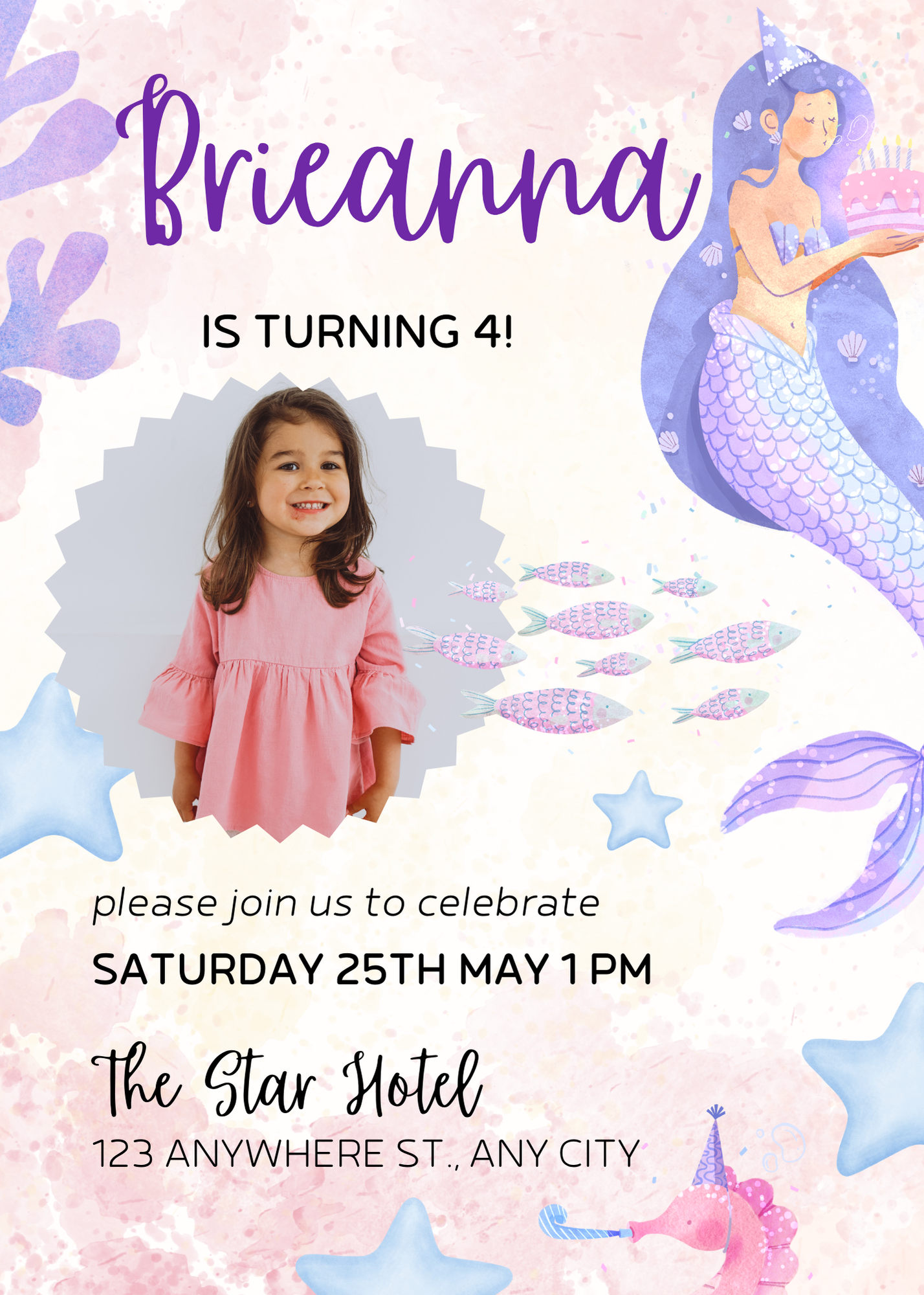Editable Mermaid & Cake Themed Birthday Invitation