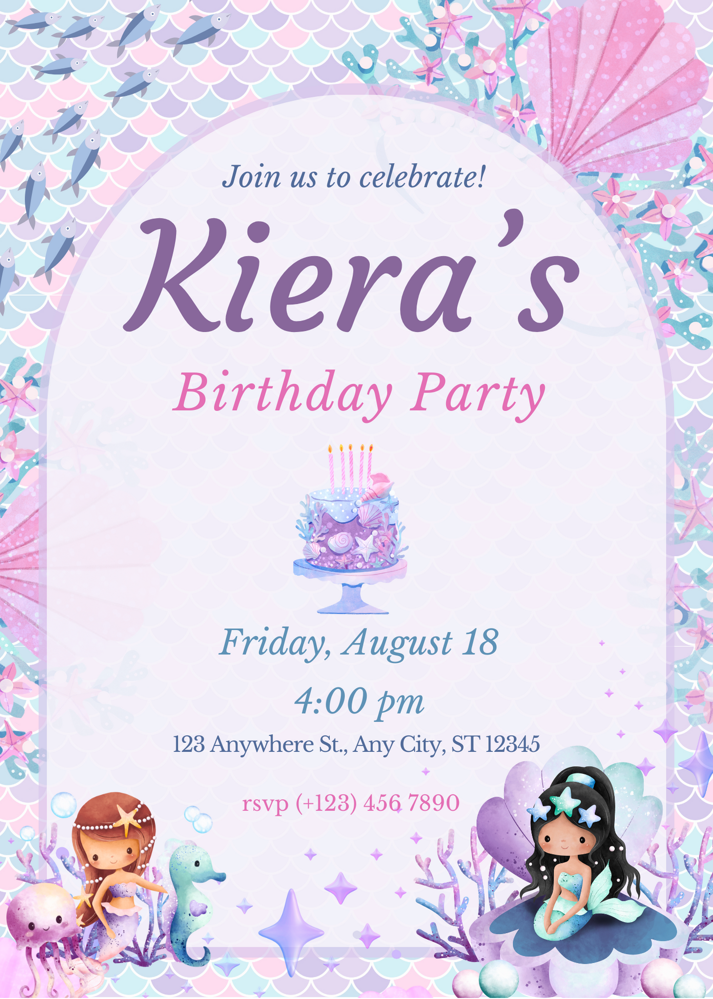 Editable Mermaid Themed Birthday Invitation