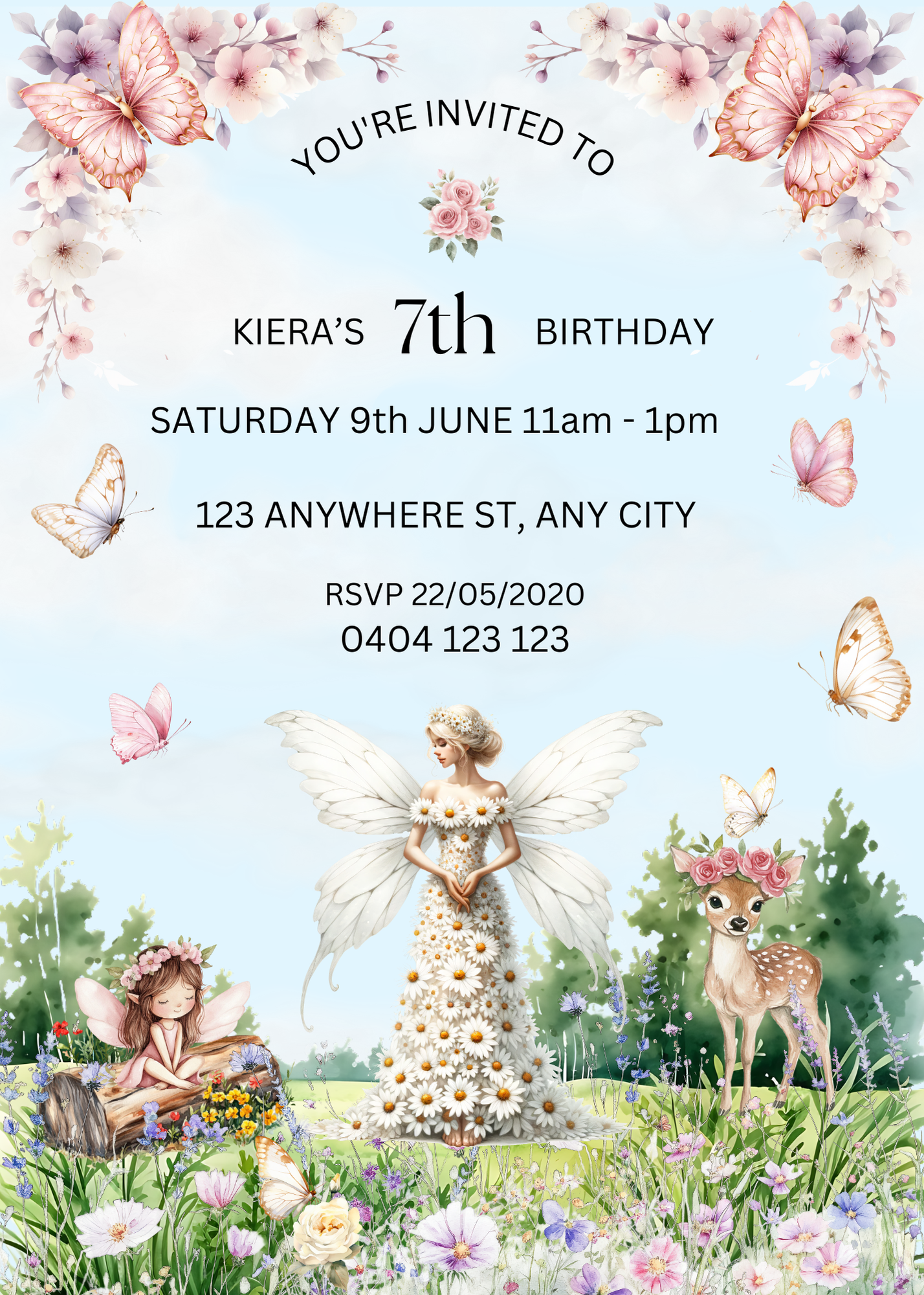 Editable Daisy Fairy Birthday Invitation