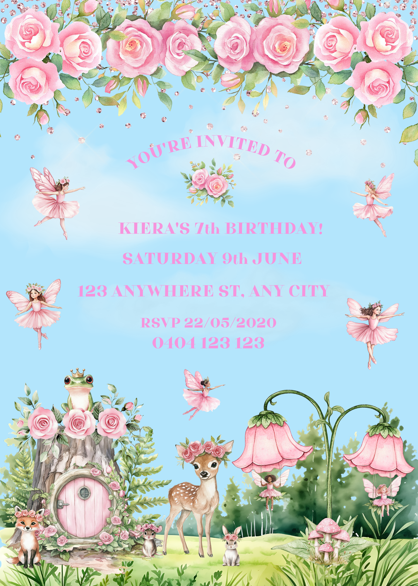 Editable Pink Fairy & Roses Birthday Invitation