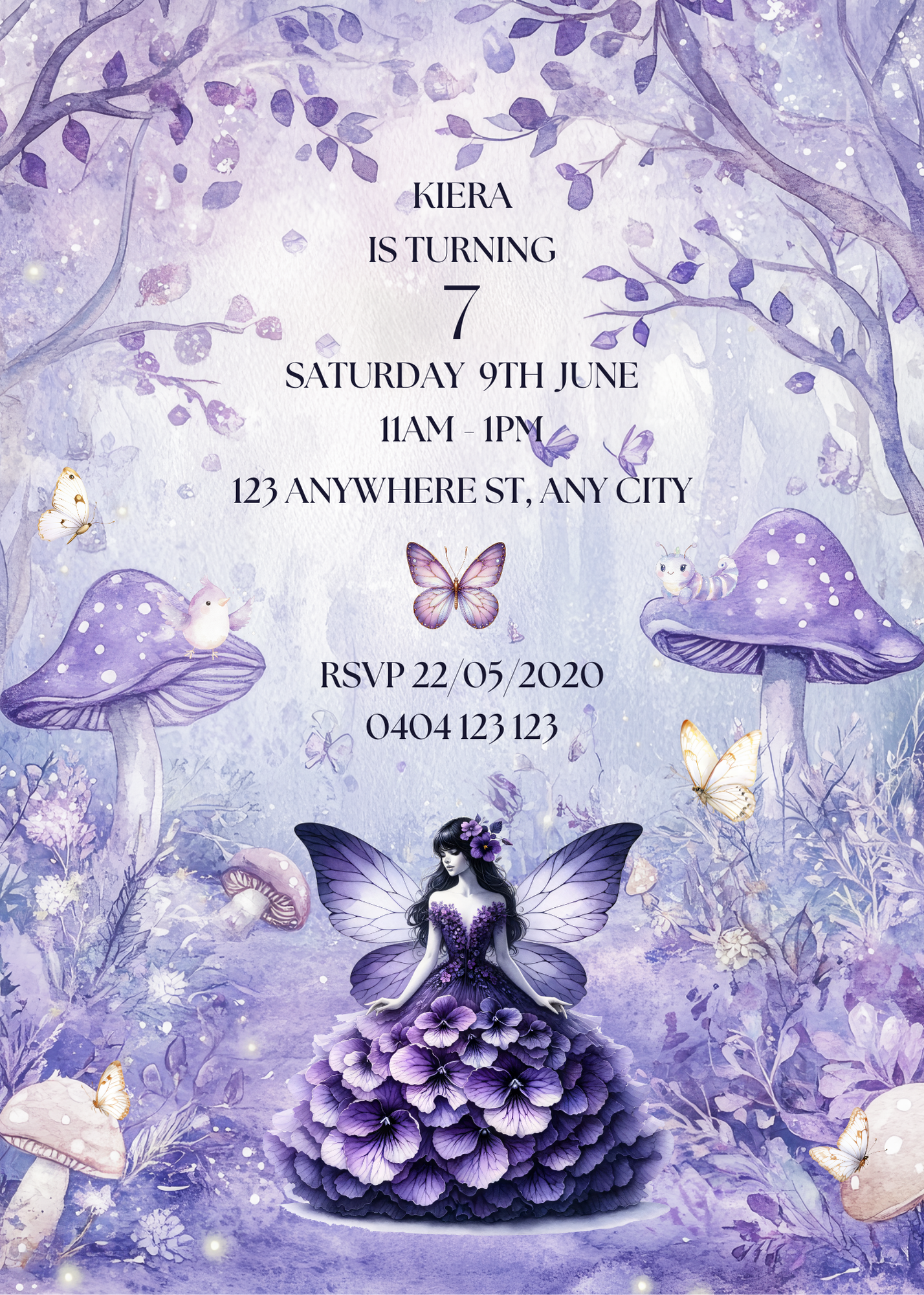 Editable Purple Fairy Birthday Invitation