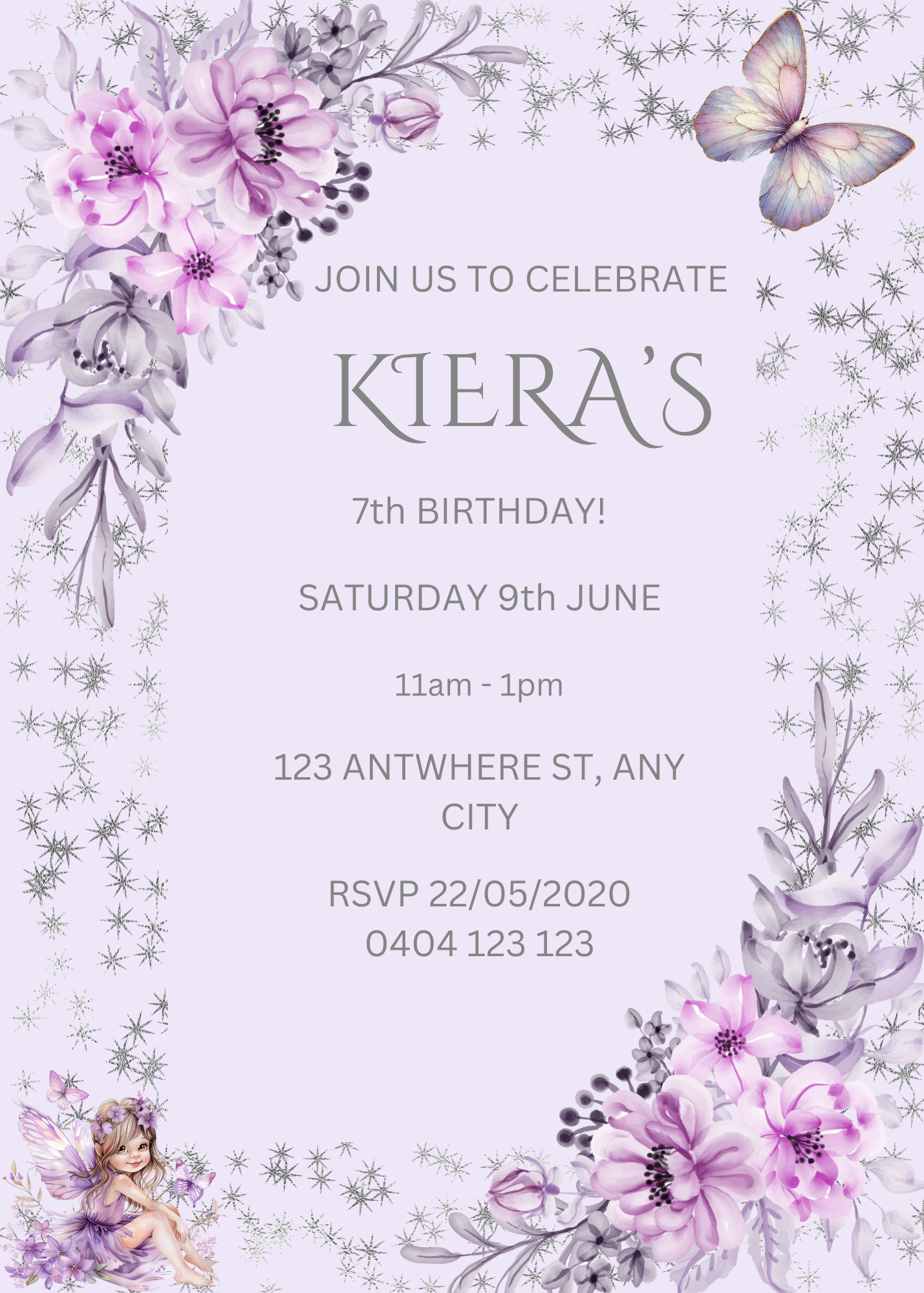 Editable Purple Stars & Flowers Birthday Invitation
