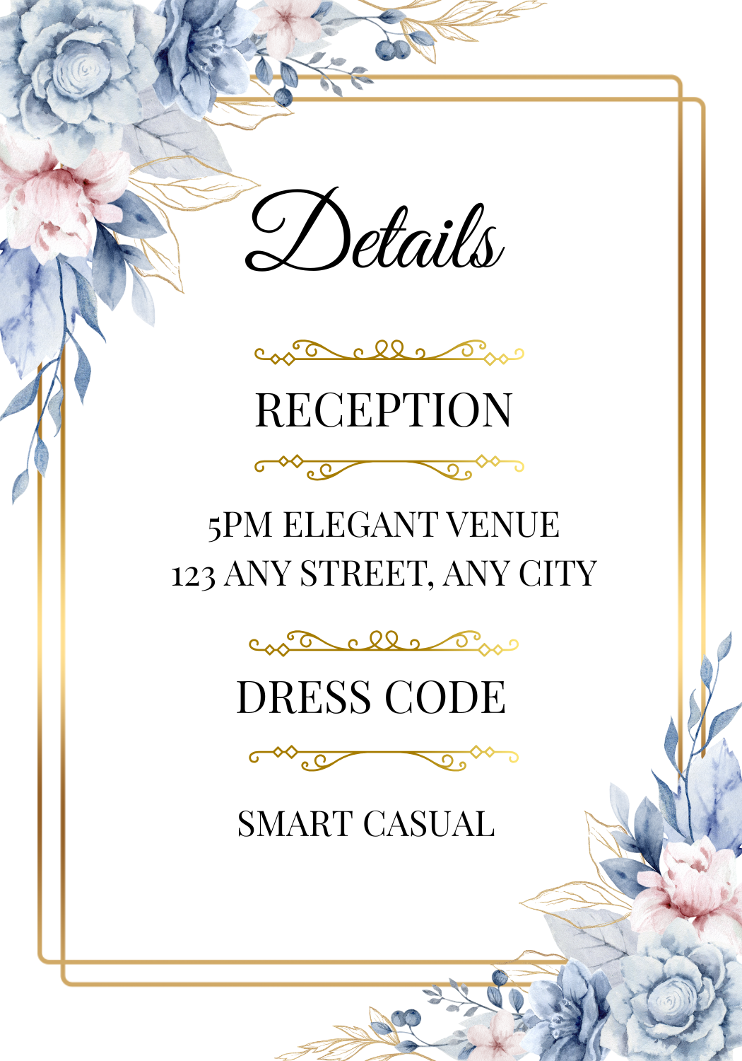 Editable Blue & Gold Floral Wedding Invitation, Details & RSVP Package