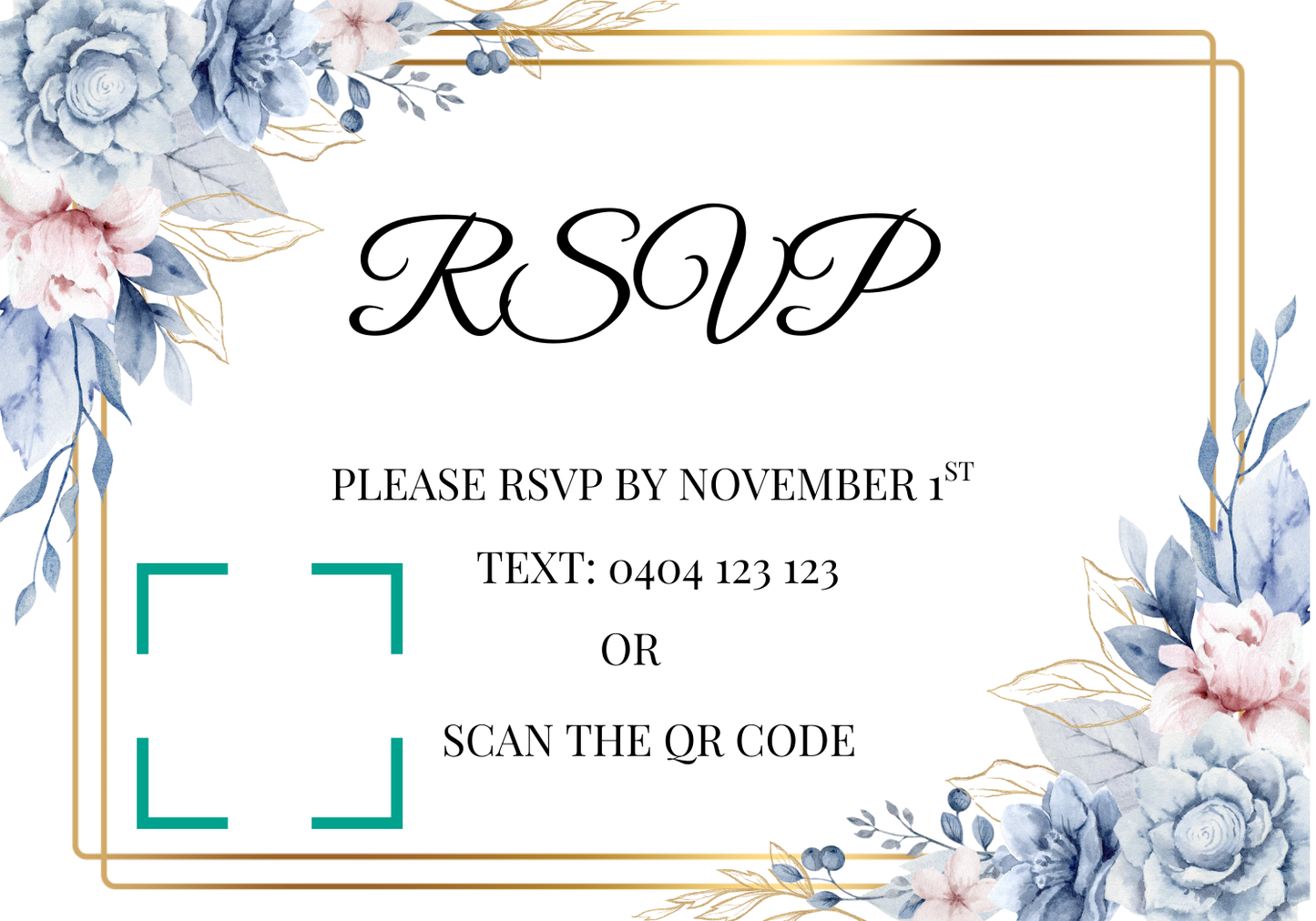Editable Blue & Gold Floral Wedding Invitation, Details & RSVP Package