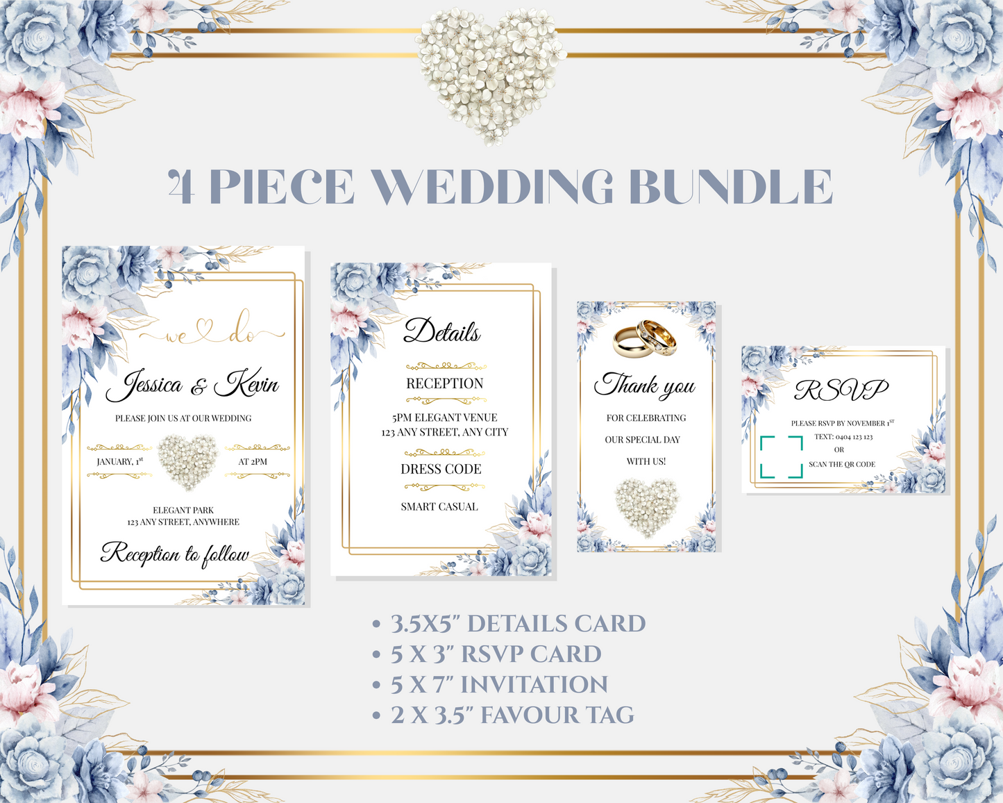 Editable Blue & Gold Floral Wedding Invitation, Details & RSVP Package