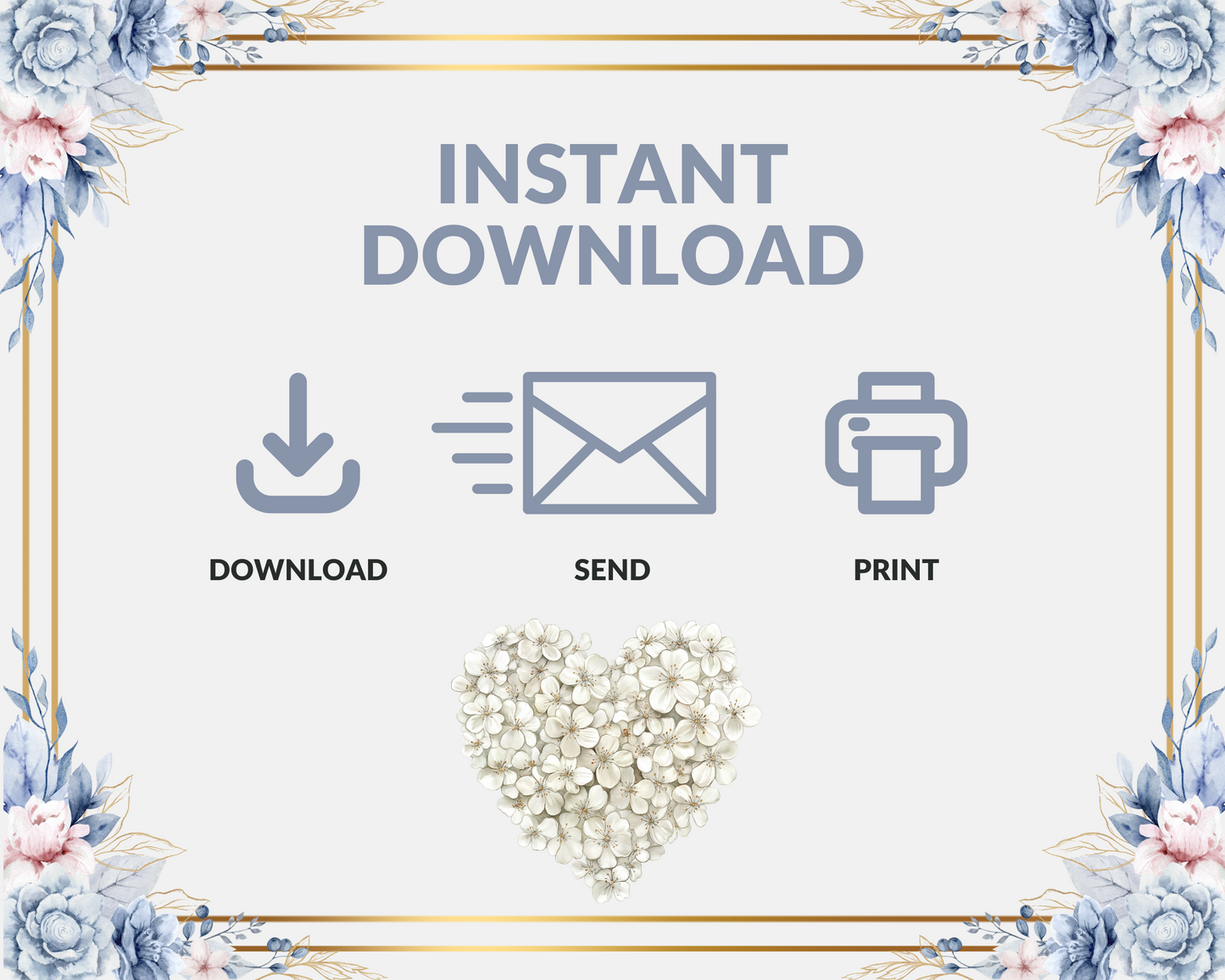 Editable Blue & Gold Floral Wedding Invitation, Details & RSVP Package