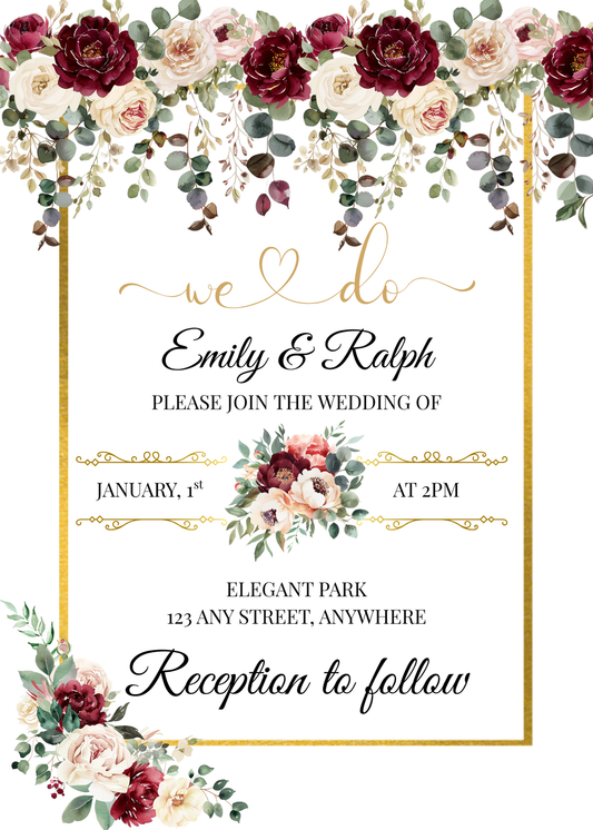 Editable Burgundy Rose Wedding Invitation, Details Card & RSVP Card