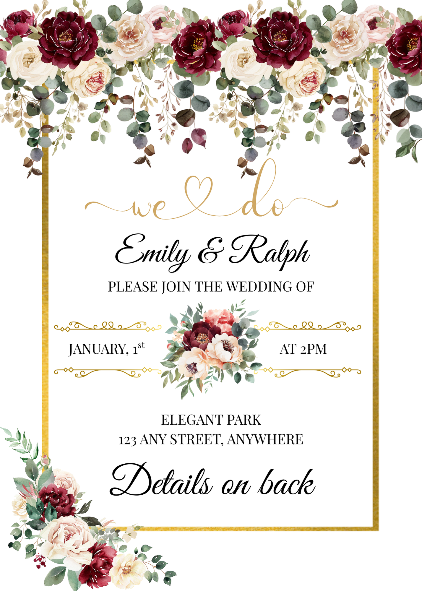 Editable Burgundy Rose Wedding Invitation