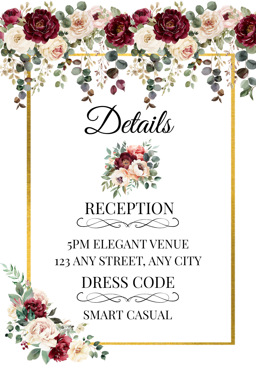 Editable Burgundy Rose Wedding Invitation, Details Card & RSVP Card