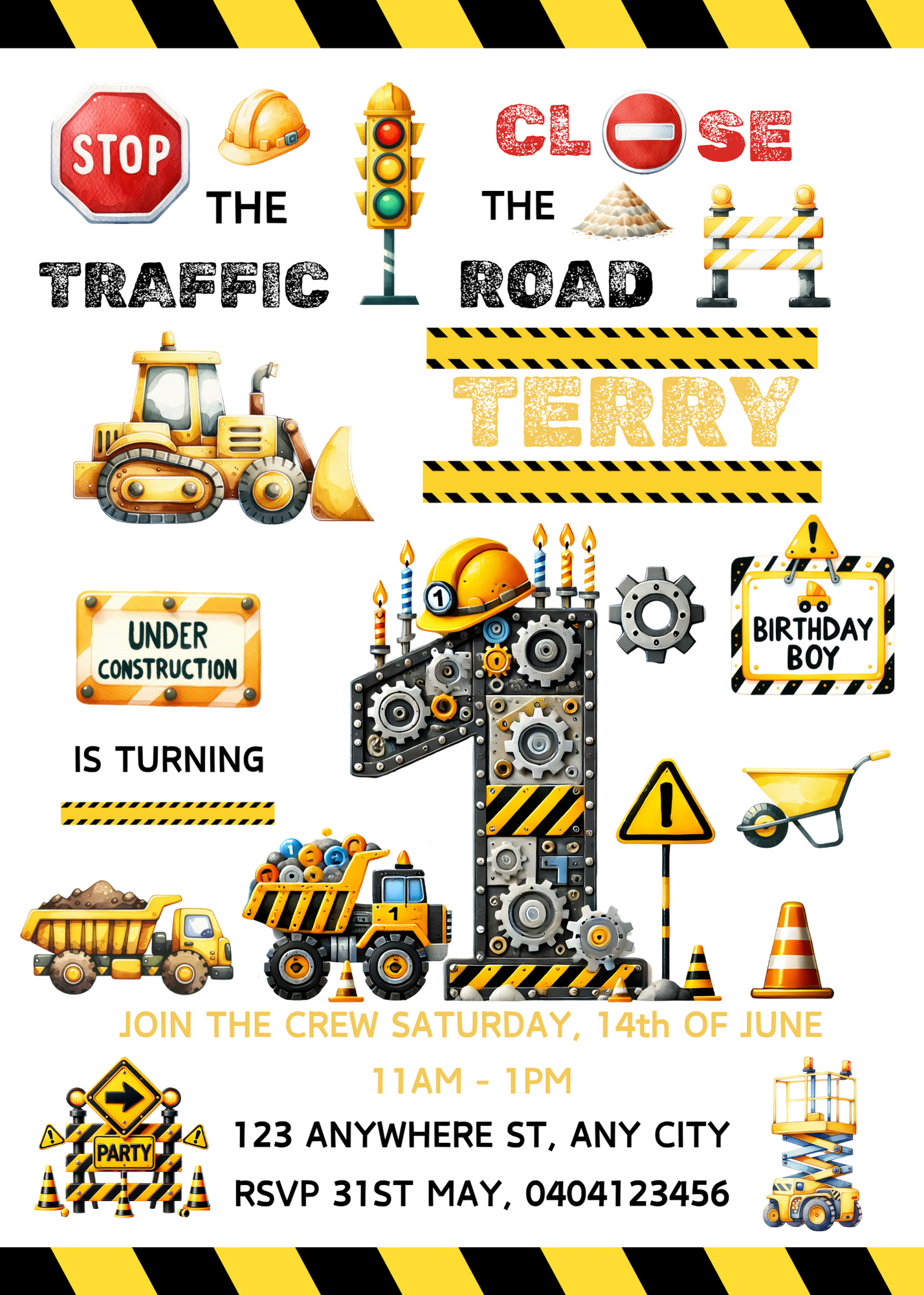 Numbered 1 to 12 Construction Themed Birthday Invitation Pack - BONUS Favor Tag