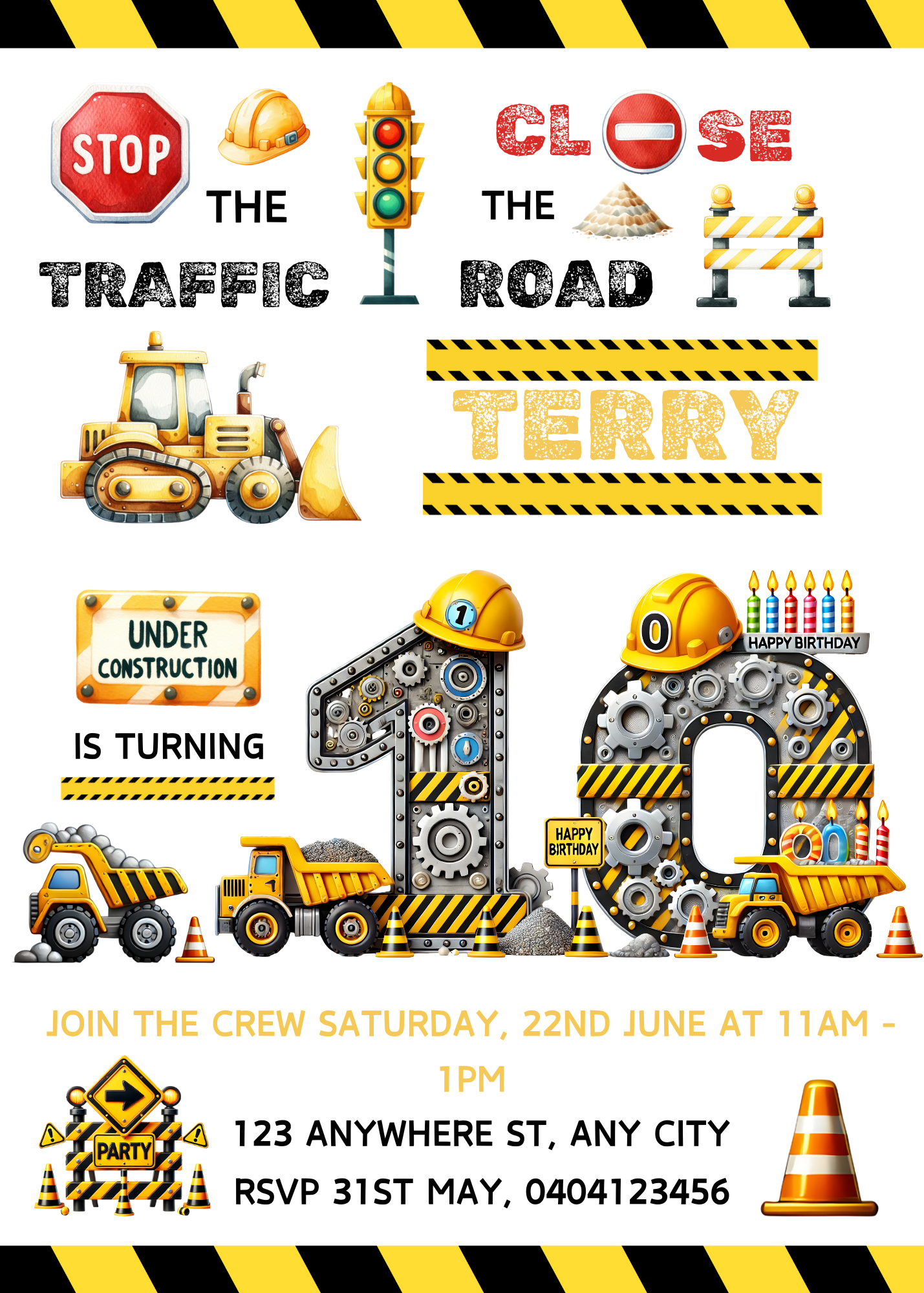 Numbered 1 to 12 Construction Themed Birthday Invitation Pack - BONUS Favor Tag