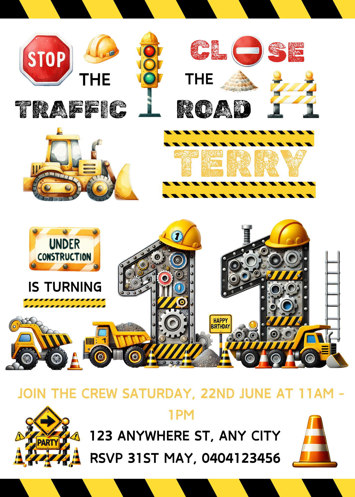 Numbered 1 to 12 Construction Themed Birthday Invitation Pack - BONUS Favor Tag