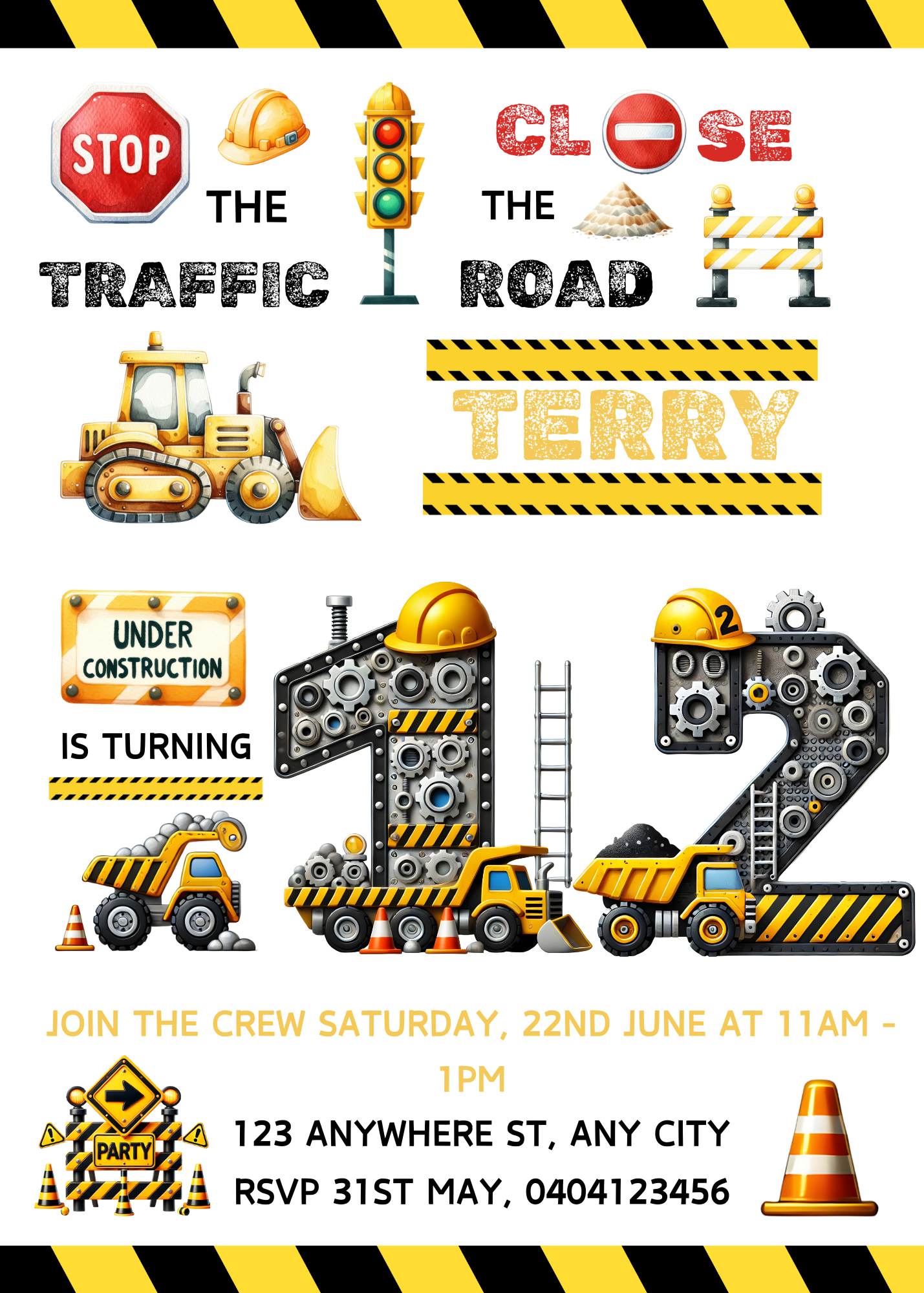 Numbered 1 to 12 Construction Themed Birthday Invitation Pack - BONUS Favor Tag