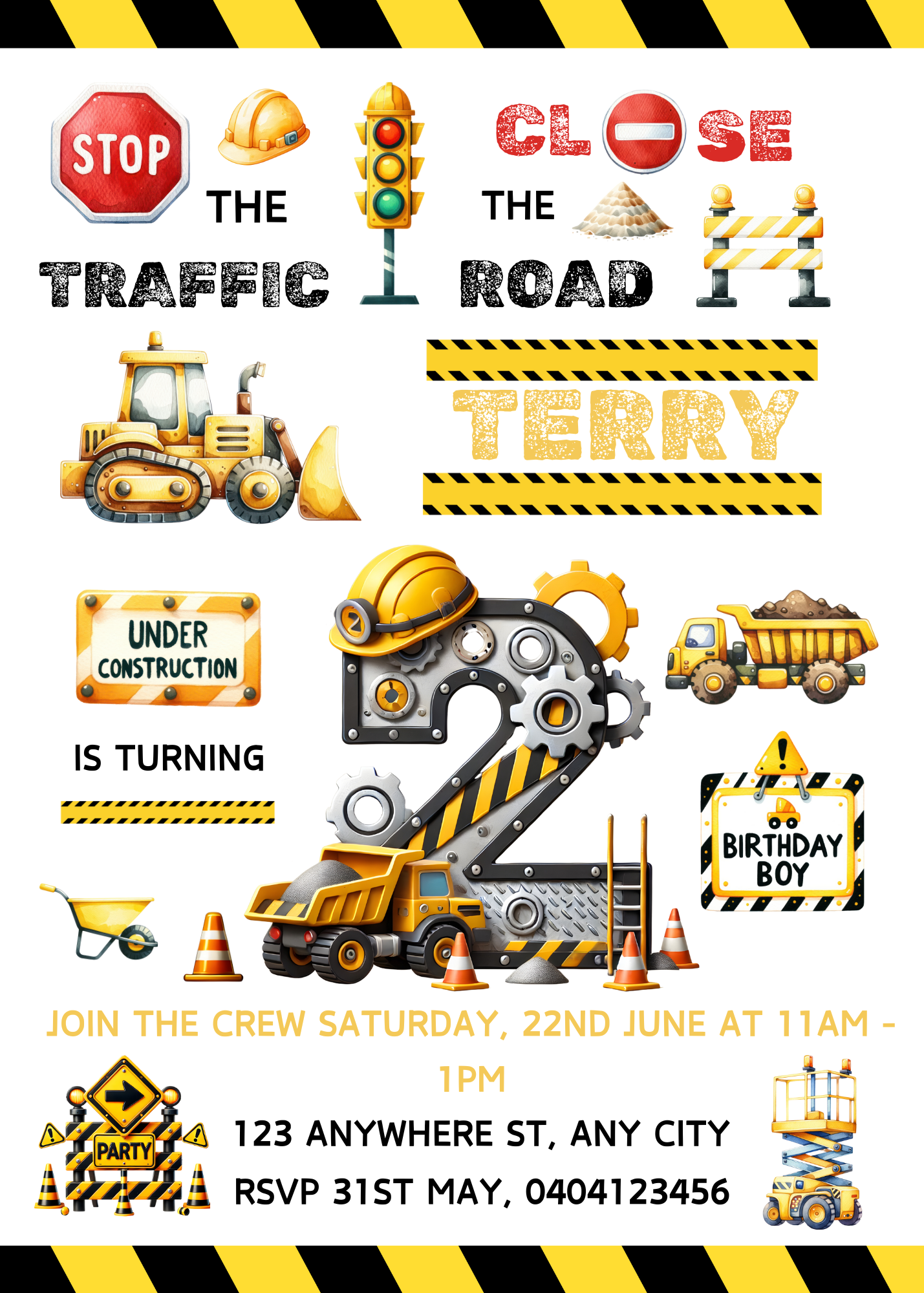 Numbered 1 to 12 Construction Themed Birthday Invitation Pack - BONUS Favor Tag