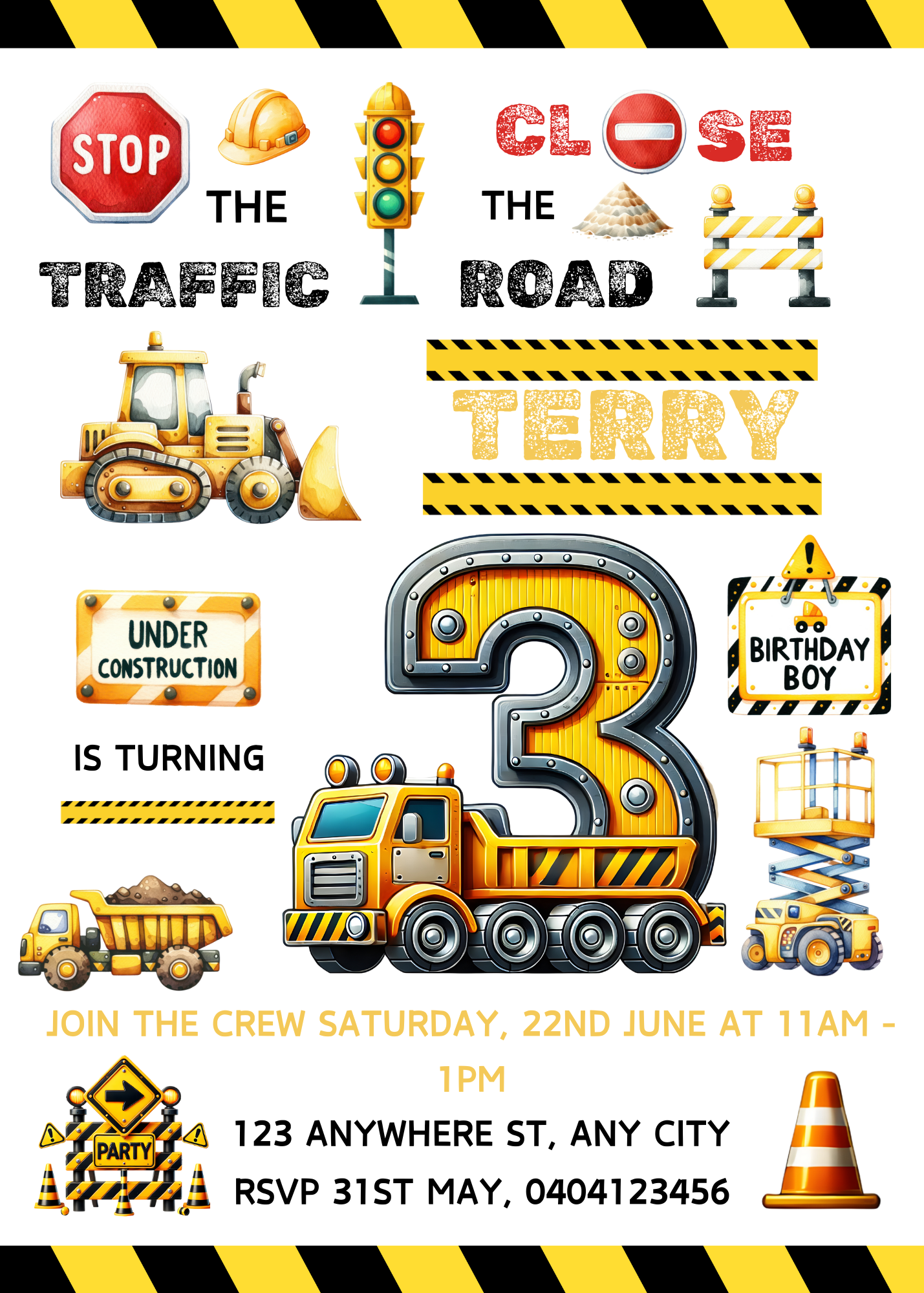 Numbered 1 to 12 Construction Themed Birthday Invitation Pack - BONUS Favor Tag