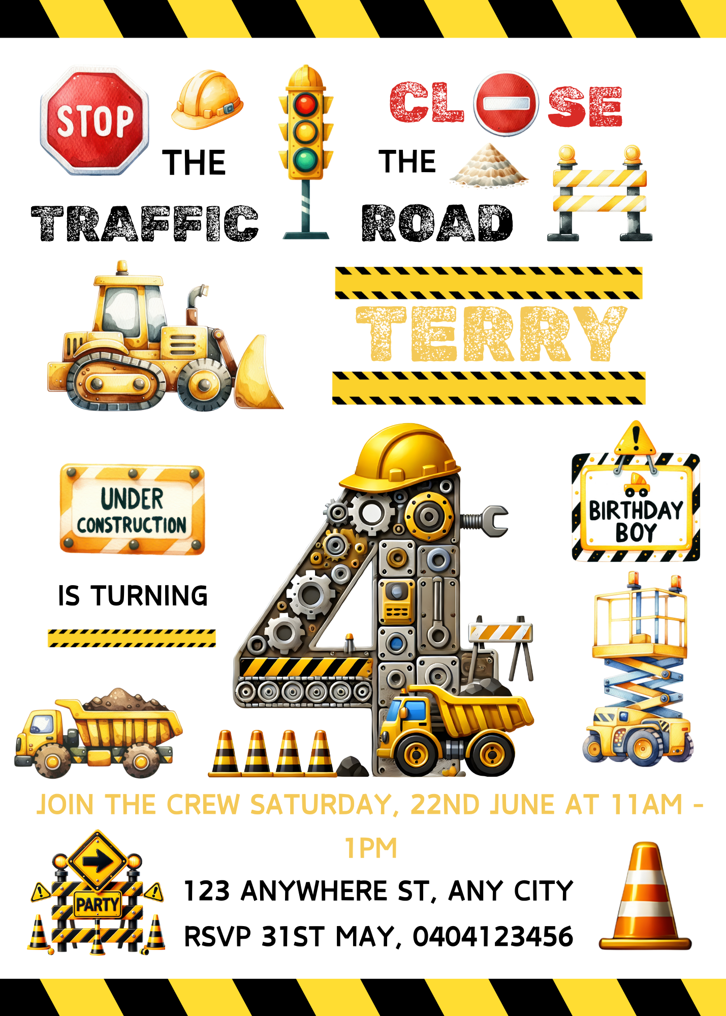 Numbered 1 to 12 Construction Themed Birthday Invitation Pack - BONUS Favor Tag