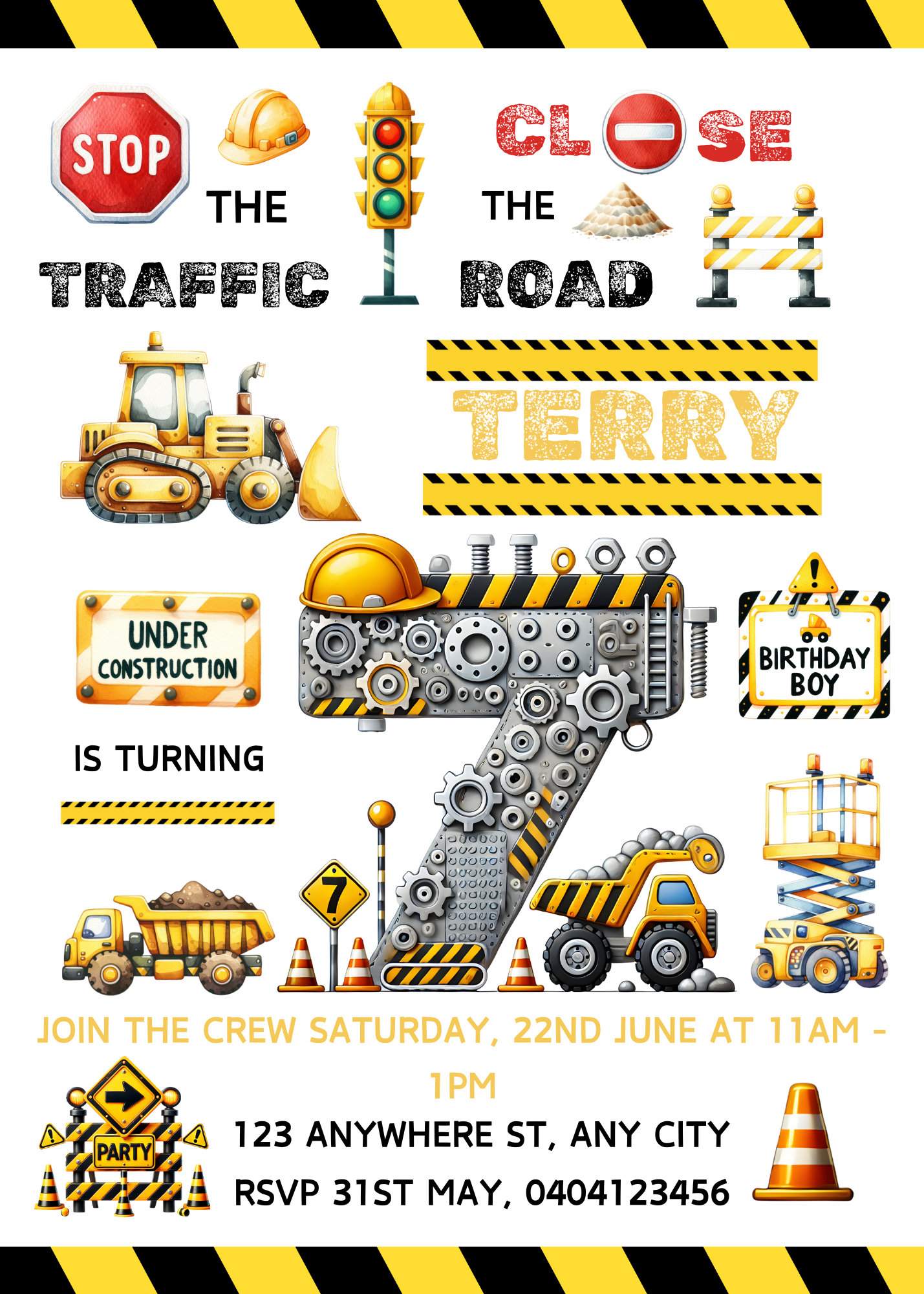 Numbered 1 to 12 Construction Themed Birthday Invitation Pack - BONUS Favor Tag