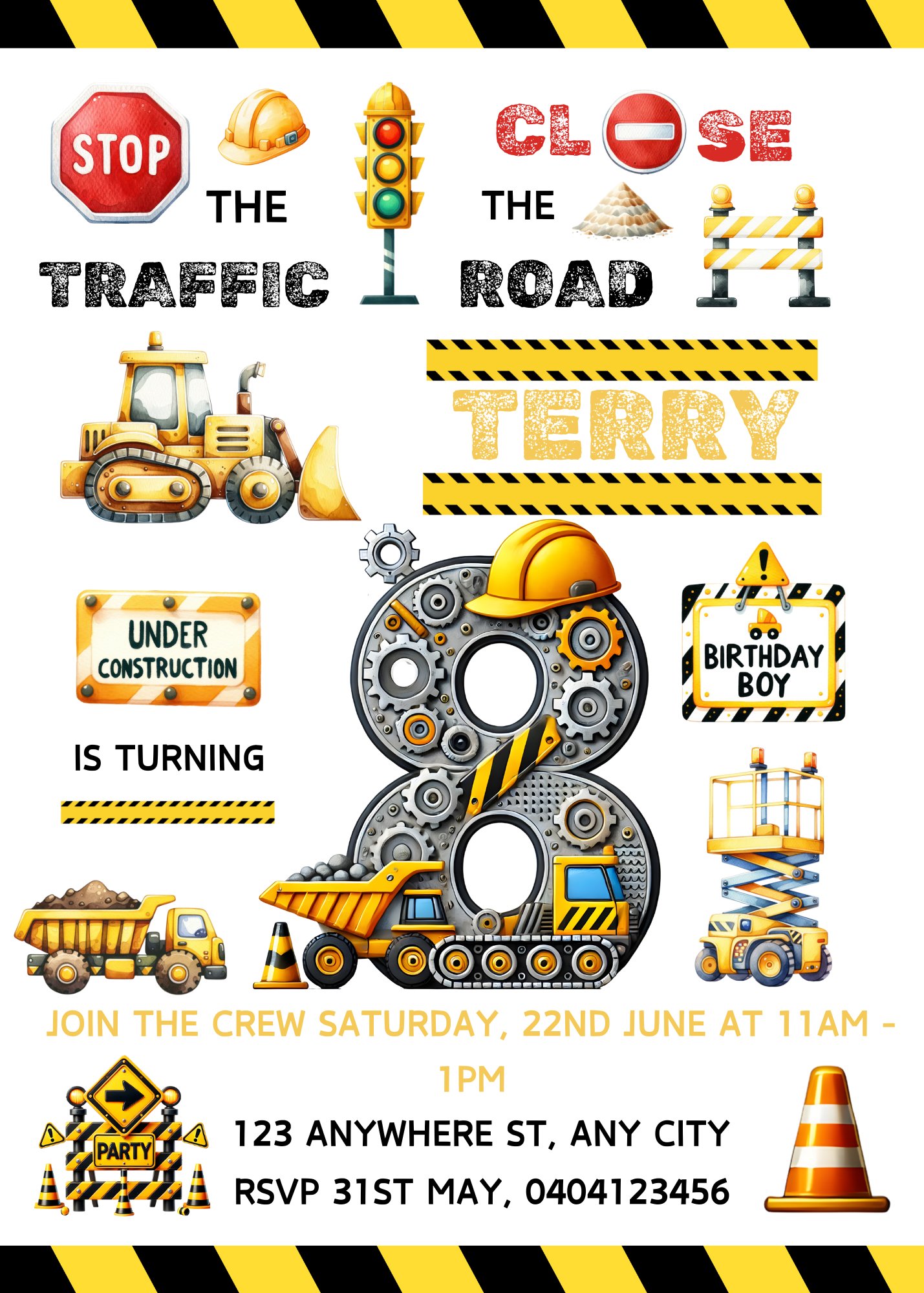 Numbered 1 to 12 Construction Themed Birthday Invitation Pack - BONUS Favor Tag