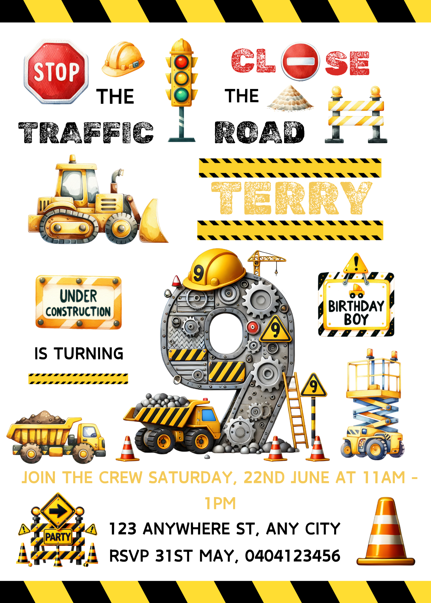 Numbered 1 to 12 Construction Themed Birthday Invitation Pack - BONUS Favor Tag