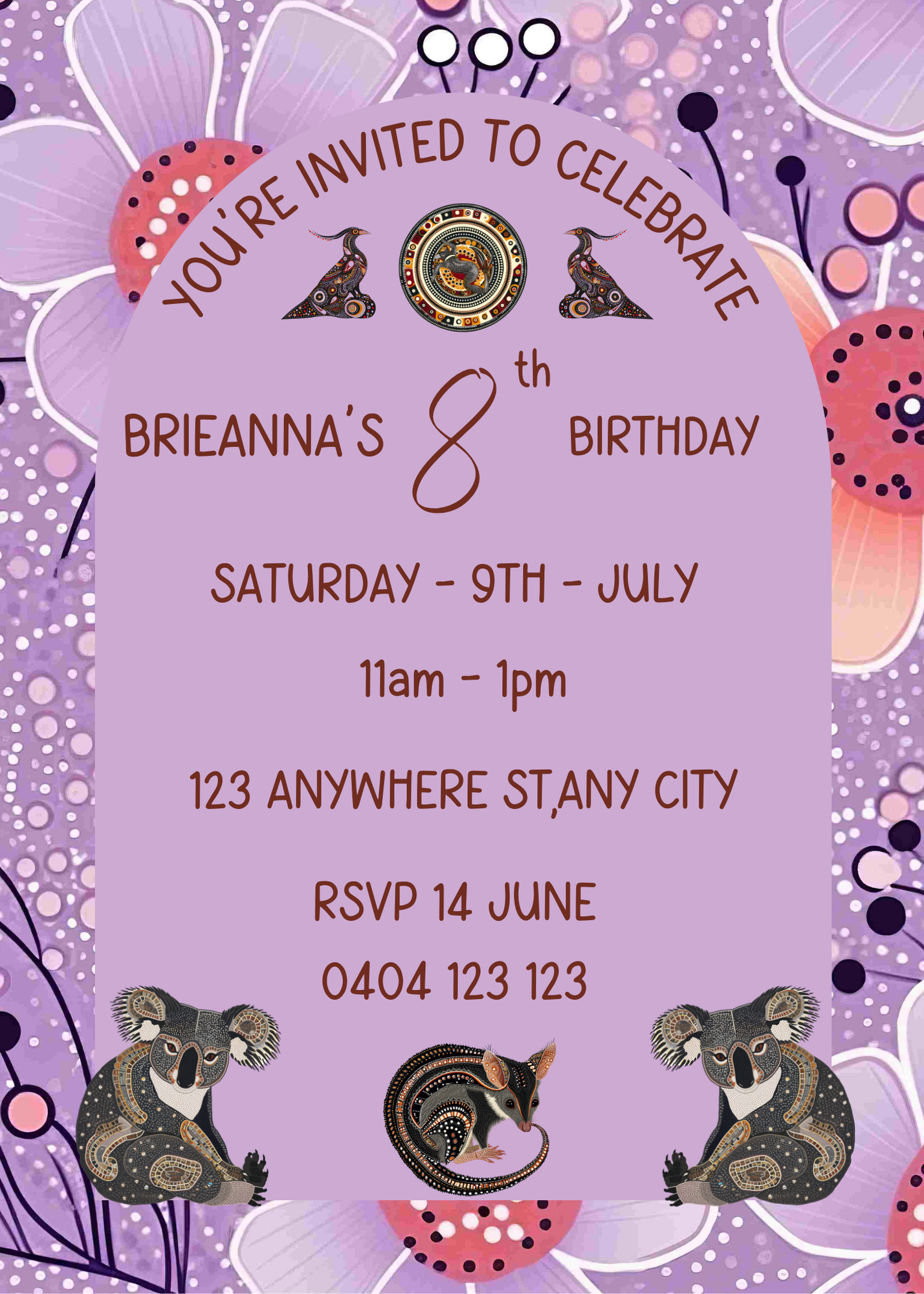 Editable Purple Floral Aboriginal Art Birthday Invitation