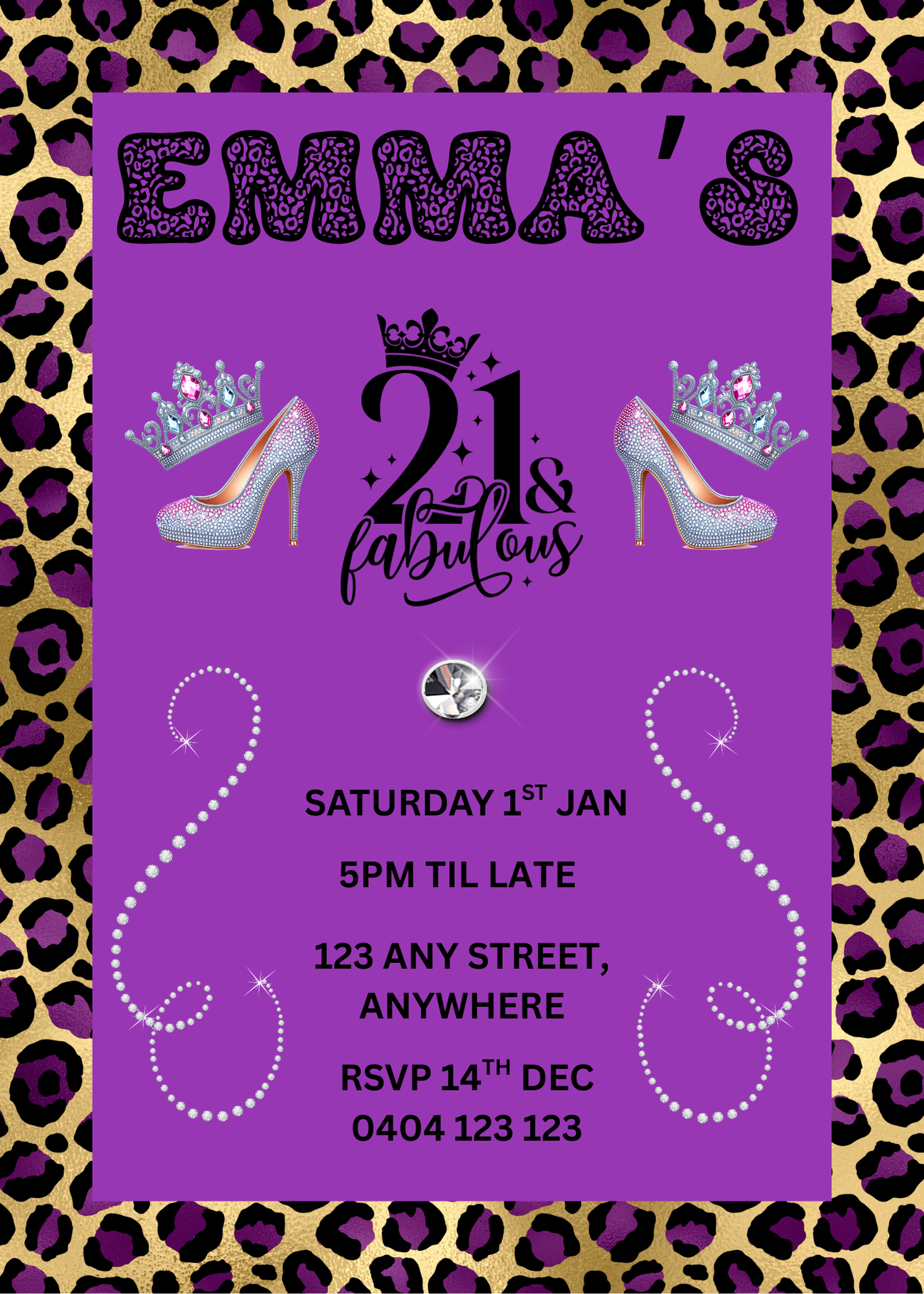 Editable Purple Leopard Print 21st Birthday Invitation