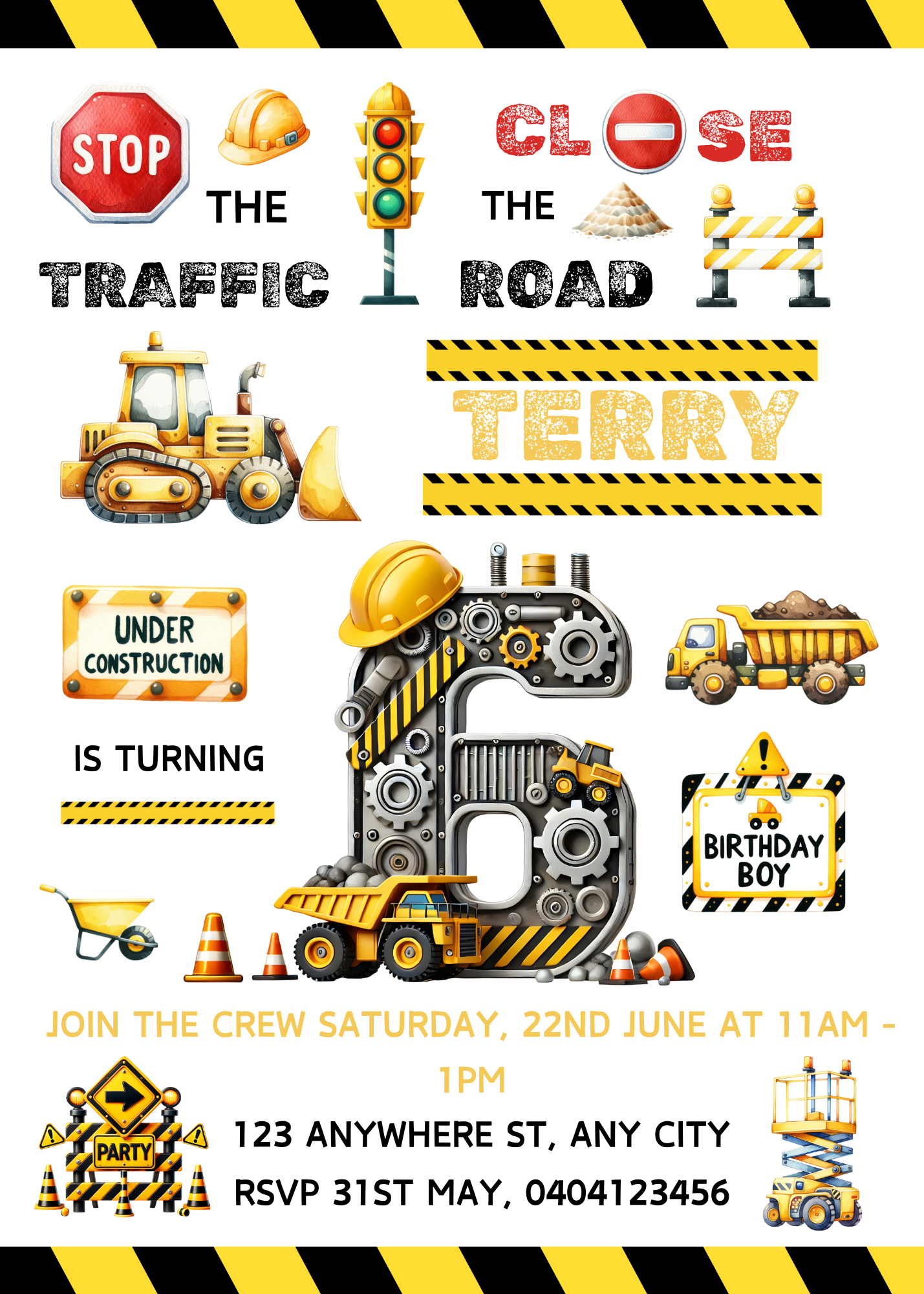 Numbered 1 to 12 Construction Themed Birthday Invitation Pack - BONUS Favor Tag