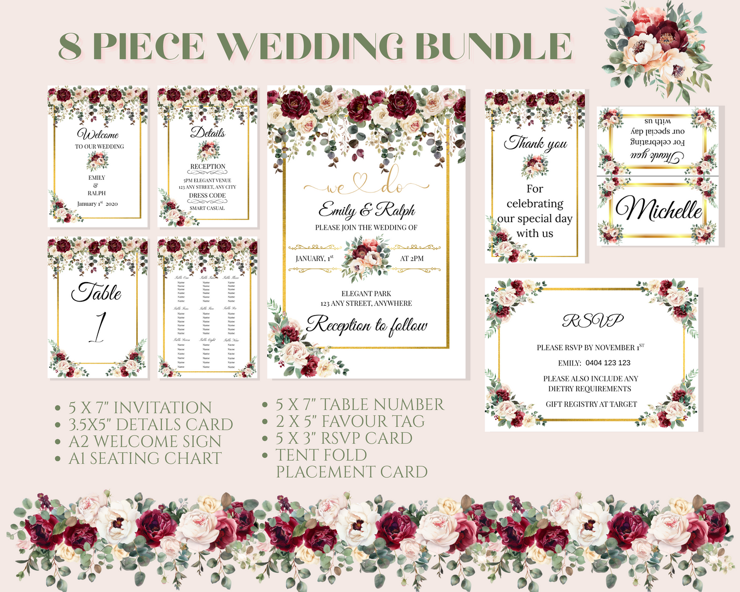 Editable Burgundy Rose 8 Piece Wedding Bundle