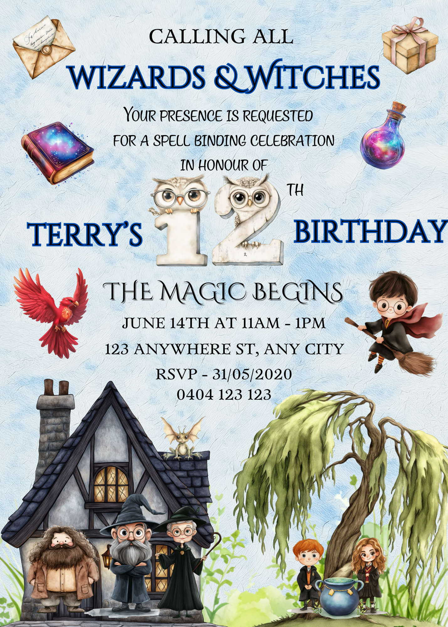 Numbered 1 to 12 Editable Harry Potter Themed Birthday Invitations - Bonus Favor Bag Tag