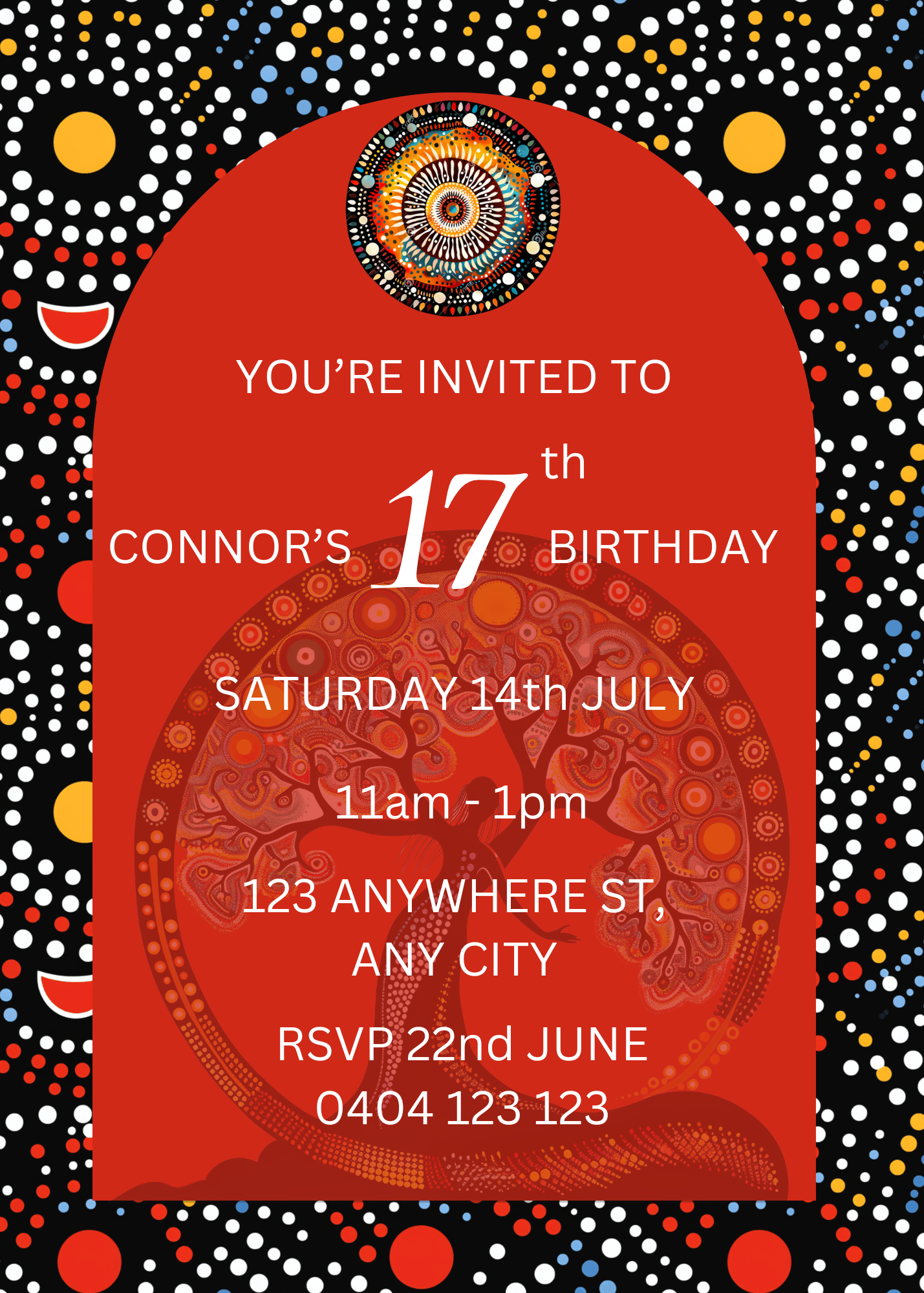 Editable Red Dot Aboriginal Art Birthday Invitation