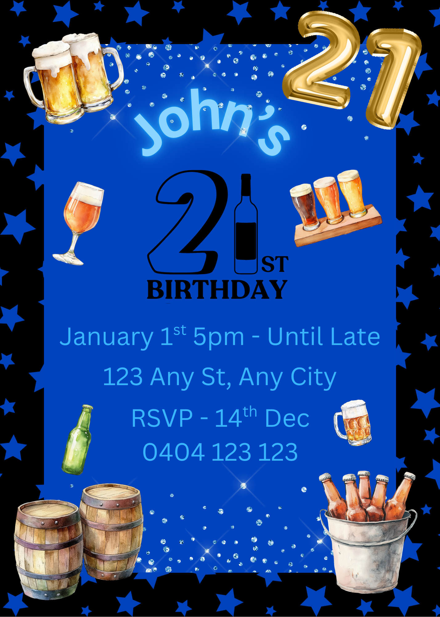 Editable Black & Blue Star 21st Birthday Invitation