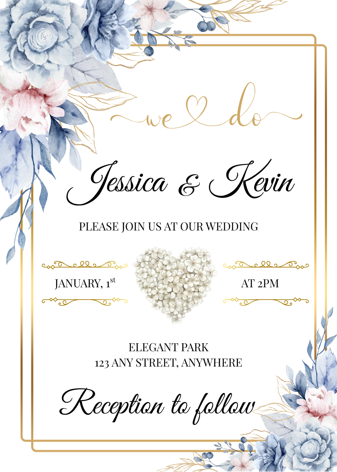Editable Blue & Gold Floral Wedding Invitation, Details & RSVP Package