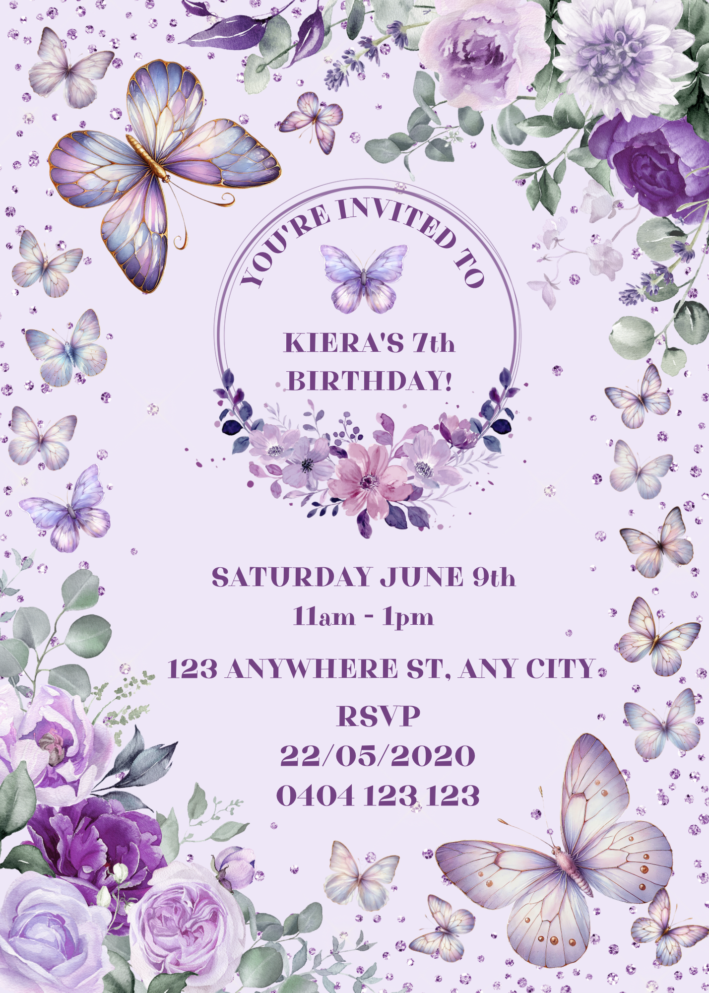 Editable Purple Flower & Butterfly Birthday Invitation