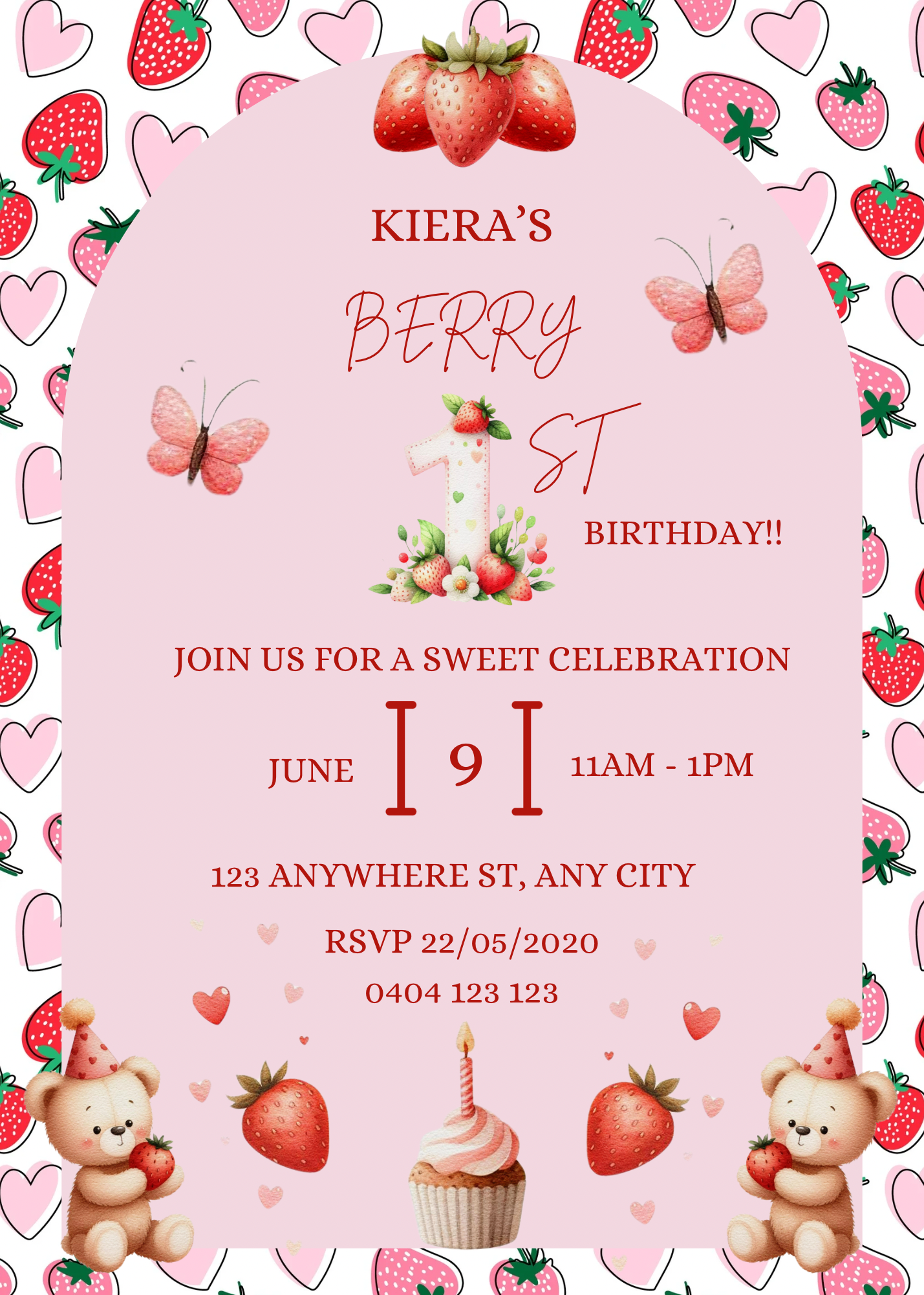 Editable Berry First Birthday Invitation Bonus Free Favor Tag