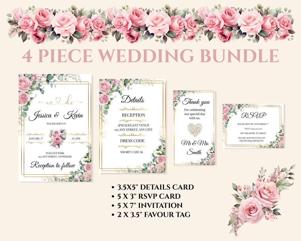 Editable Blush Floral & Gold 4 Piece Wedding Bundle