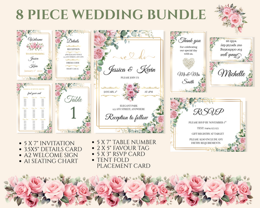 Editable Blush Floral & Gold 8 Piece Wedding Bundle