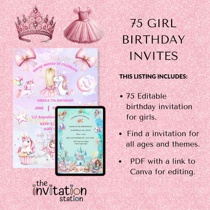 75 Pack of Girl Birthday Invitations