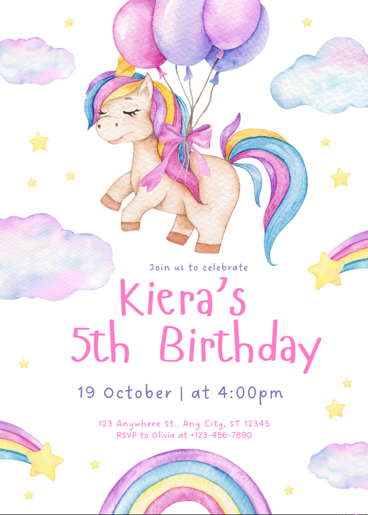 Editable Unicorns with Balloons Birthday Invitation