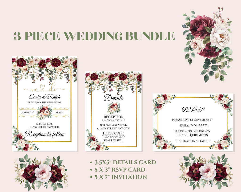 Editable Burgundy Rose Wedding Invitation, Details Card & RSVP Card