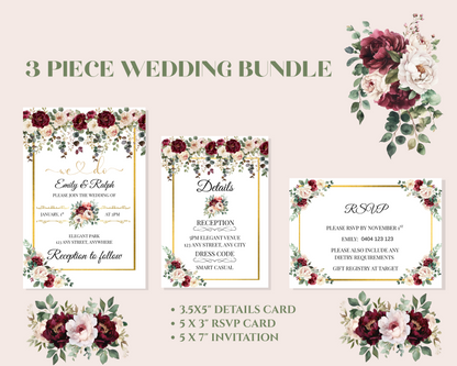 Editable Burgundy Rose Wedding Invitation, Details Card & RSVP Card