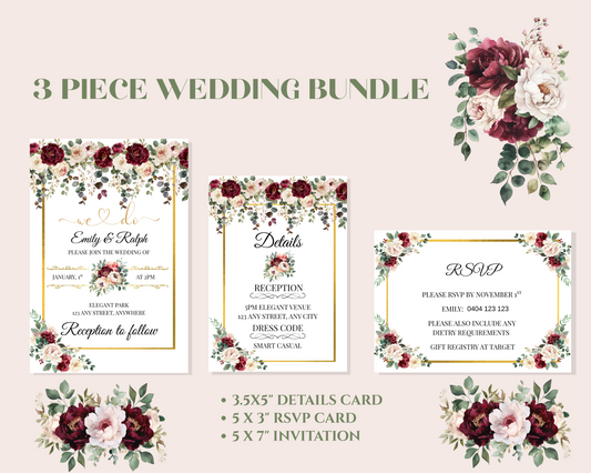 Editable Burgundy Rose Wedding Invitation, Details Card & RSVP Card