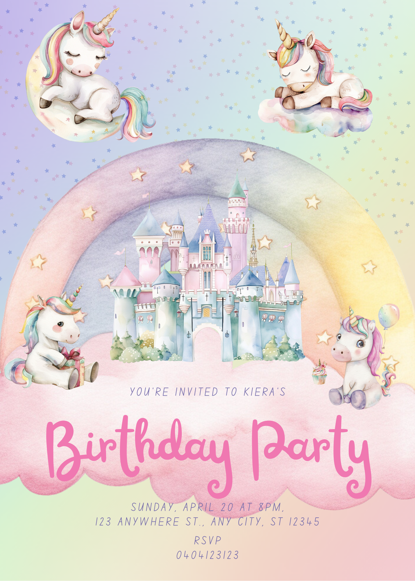 Editable Unicorns on Clouds Birthday Invitation