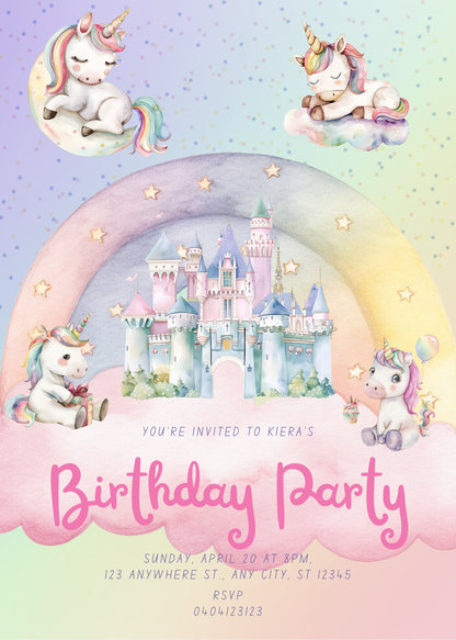 Editable Unicorns on Clouds Birthday Invitation