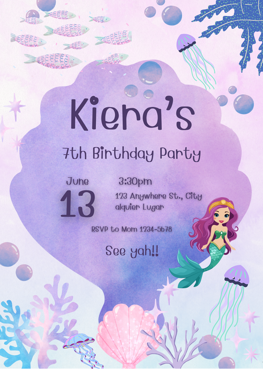 Editable Mermaid & Clam Birthday Invitation