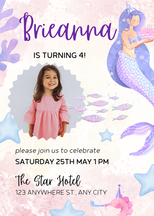 Editable Mermaid & Cake Themed Birthday Invitation