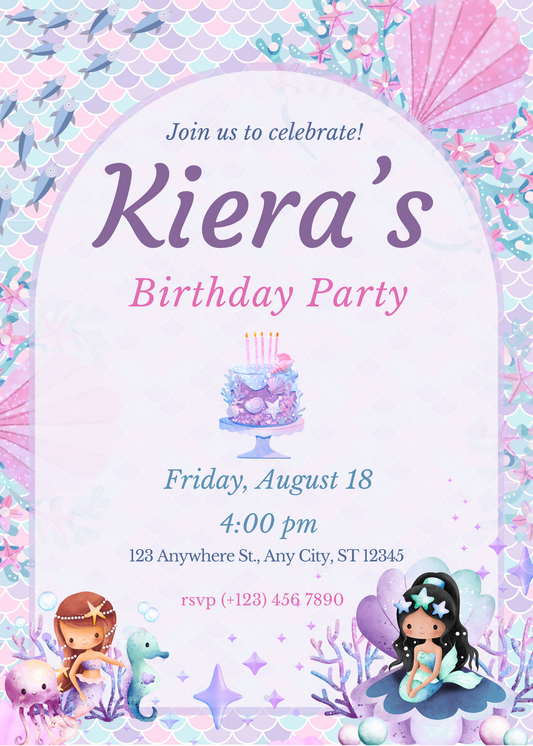 Editable Mermaid Themed Birthday Invitation