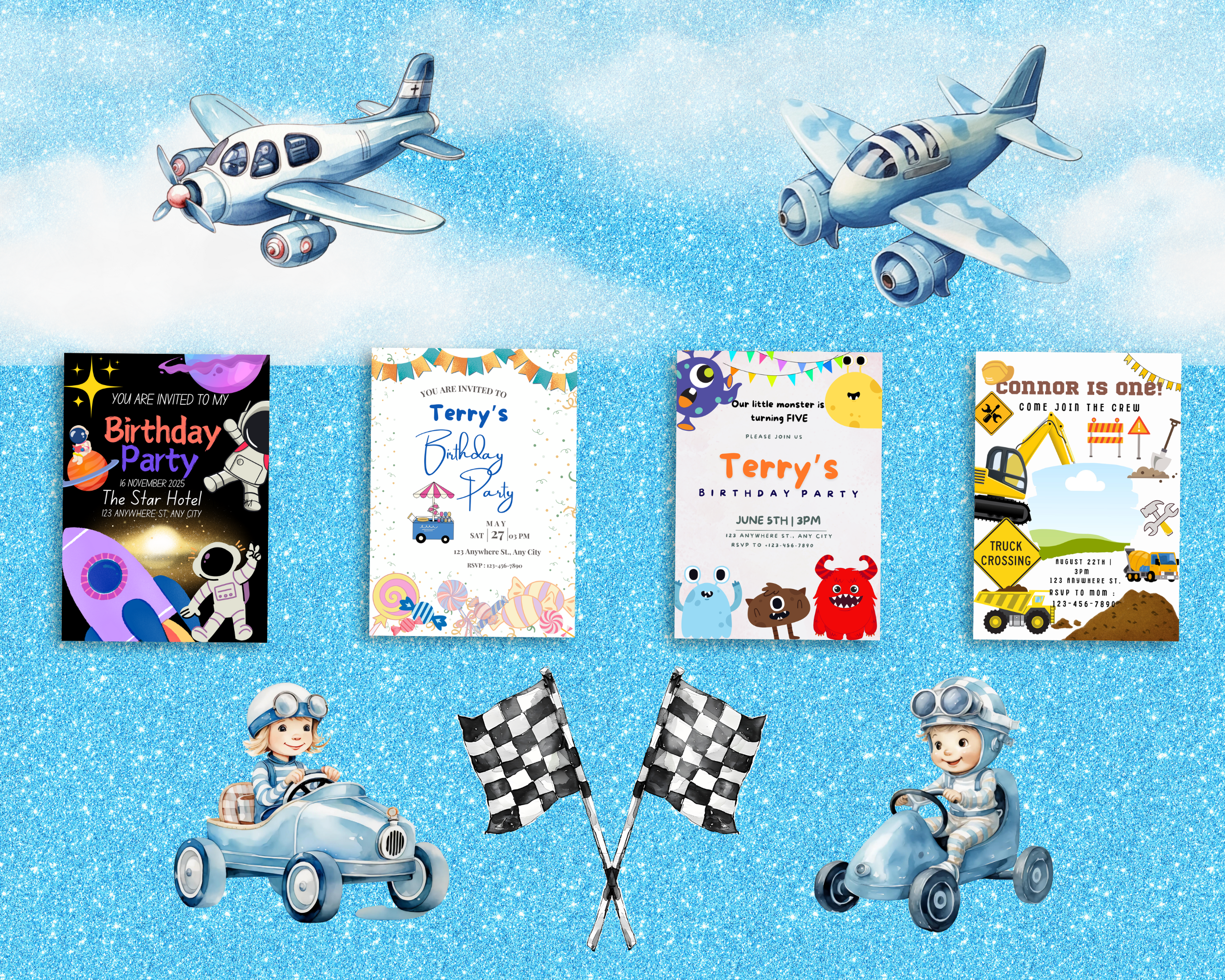 65 Pack of Boy Birthday Invitations